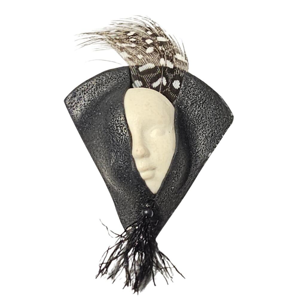 Vintage Art Face Brooch Black White Feathers Clay Mask Pin Signed JAS 2.8"
